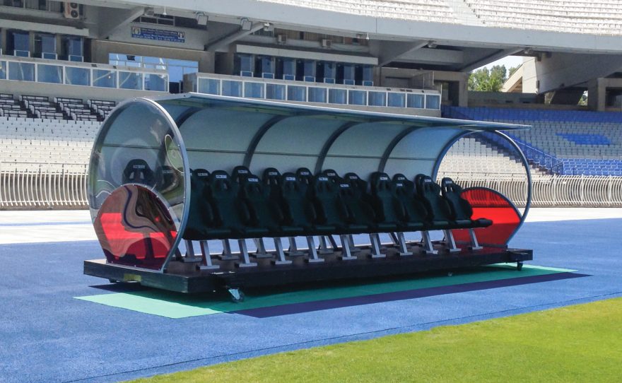 VIP Aluminium team shelters for football with 2 rows and black bucket seats custom-made Metalu Plast