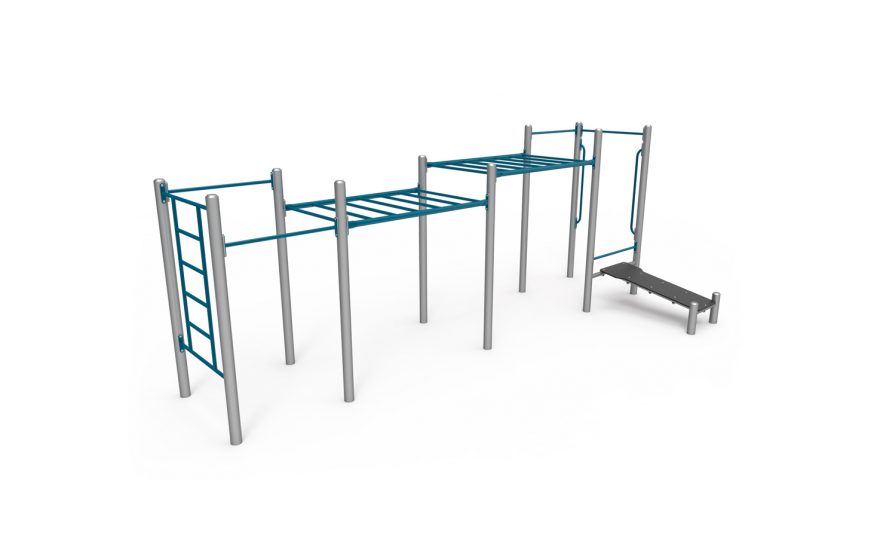 Street workout apparatus, The handset composed of 6 modules, in galvanized and plastic-coated steel, anti-slip and anti-corrosion texture