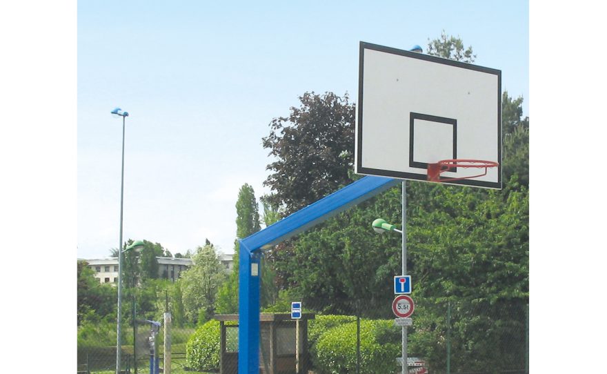 Metalu Plast basketball goal on base with a rectangular panel plastic-coated in blue