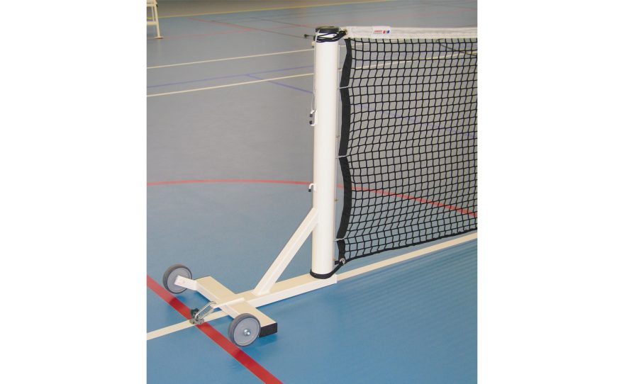 Mobile tennis posts on base plate made of white plastic-coated sendzimir steel tube by Metalu Plast