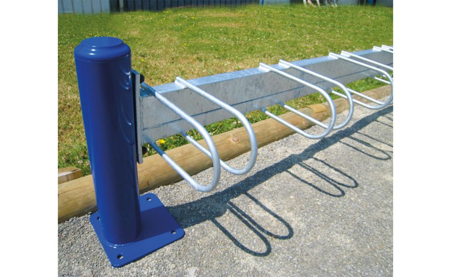 Galvanized steel bicycle rack on blue plate