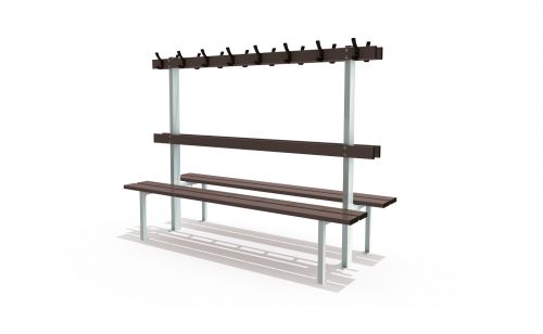 Central bench floor mounted with backrest and peg rail for locker room by Metalu Plast