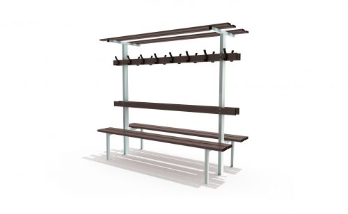 Central bench floor mounted with backrest peg rail and bag racks for locker room by Metalu Plast