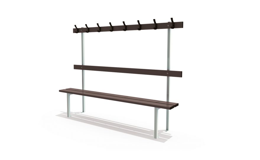 Bench with backrest, peg rail, wall and floor mounted for locker room by Metalu Plast