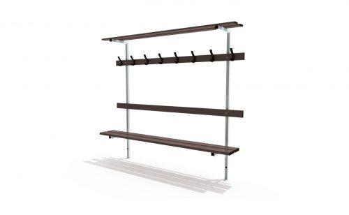 wall mounted bench with backrest, peg rail and bag rack various colors available made in france Metalu Plast sports equipment